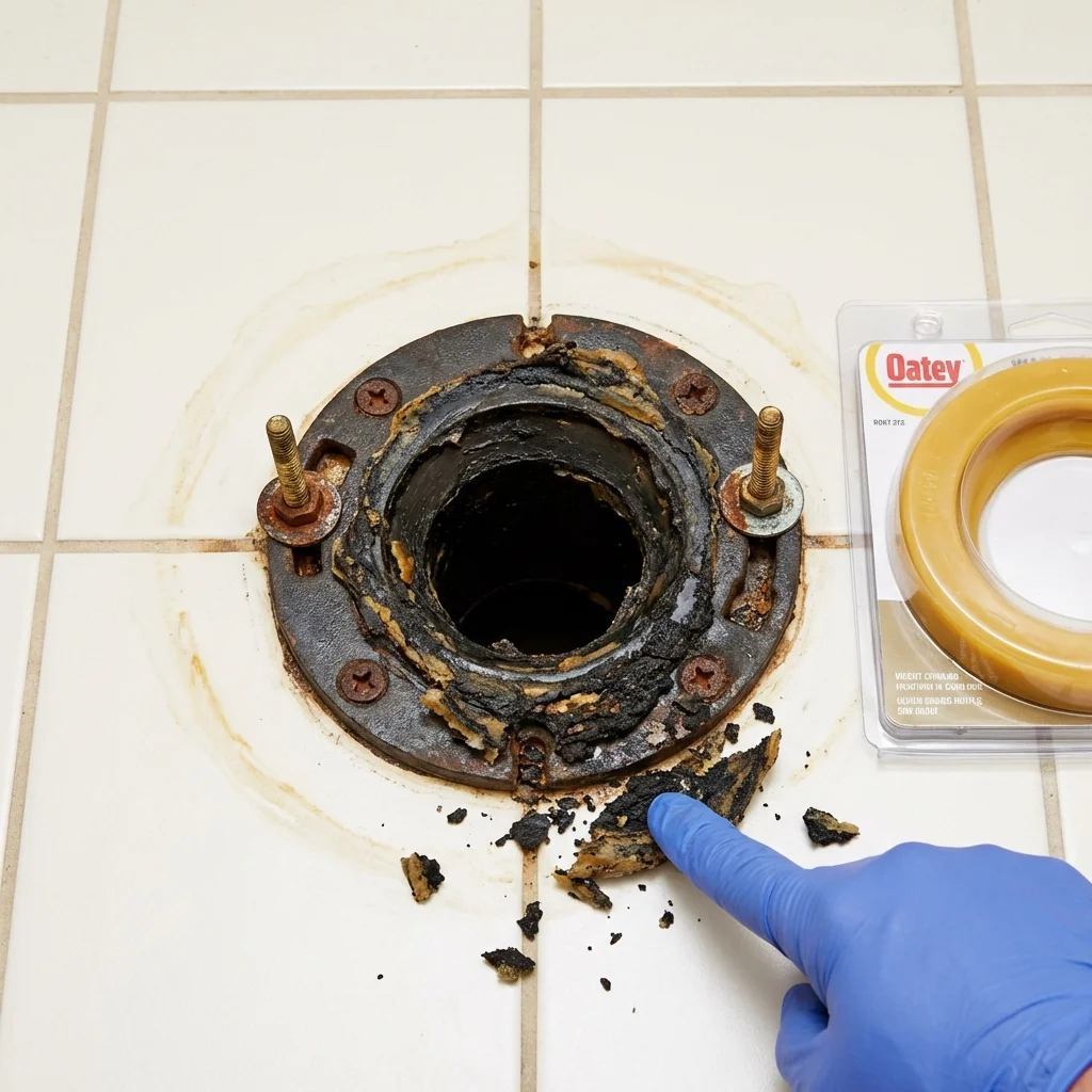 Failed wax ring showing water seepage at the base of a toilet in a Paris, AR home